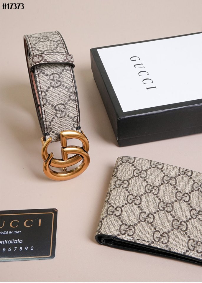 구찌 GG 마몽 와이드 벨트 & GG 디테일 바이 폴드 반지갑 세트 