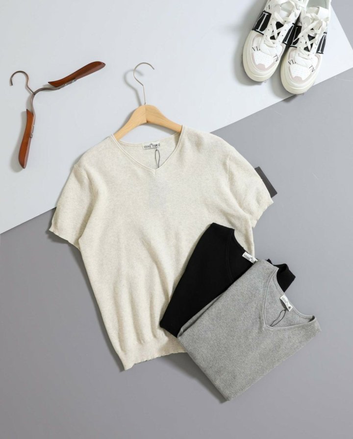 스톤 아일랜드 브이넥 워셔블 코튼 반팔 니트