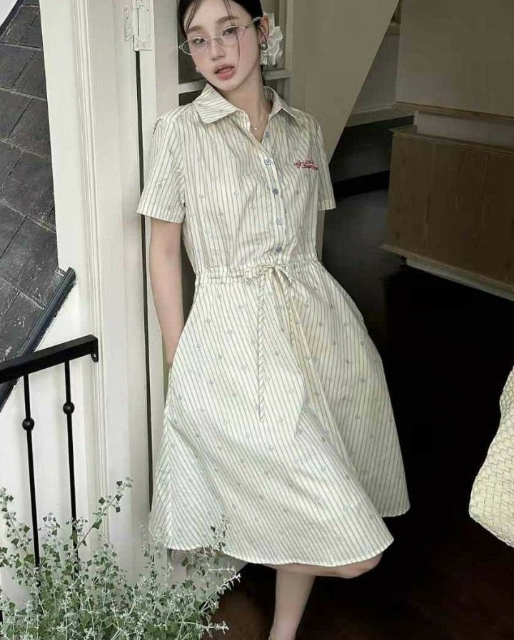 구찌 GG 로고 스트라이프 코튼 드레스