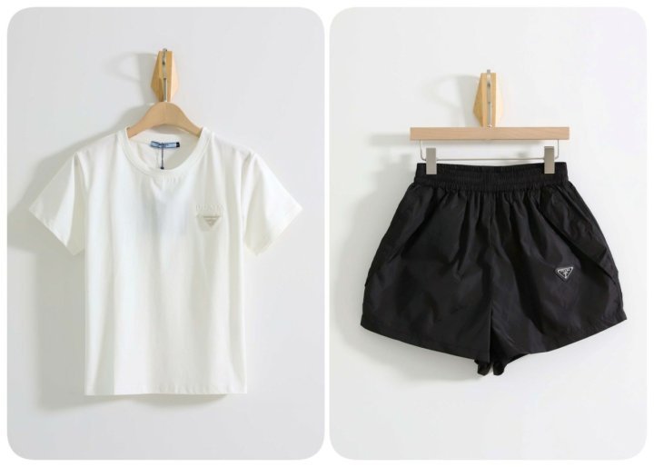 프라다 비즈 삼각로고 반팔티셔츠 & 나일론 숏팬츠 SET  