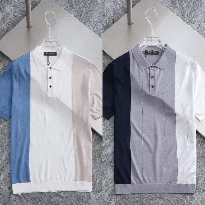 로로피아나  세로배색포인트 자수로고 카라 쿨니트