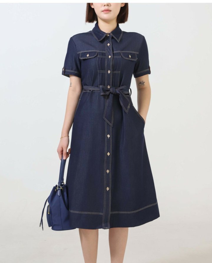 버버리  데님 타이 웨이스트 셔츠 드레스 