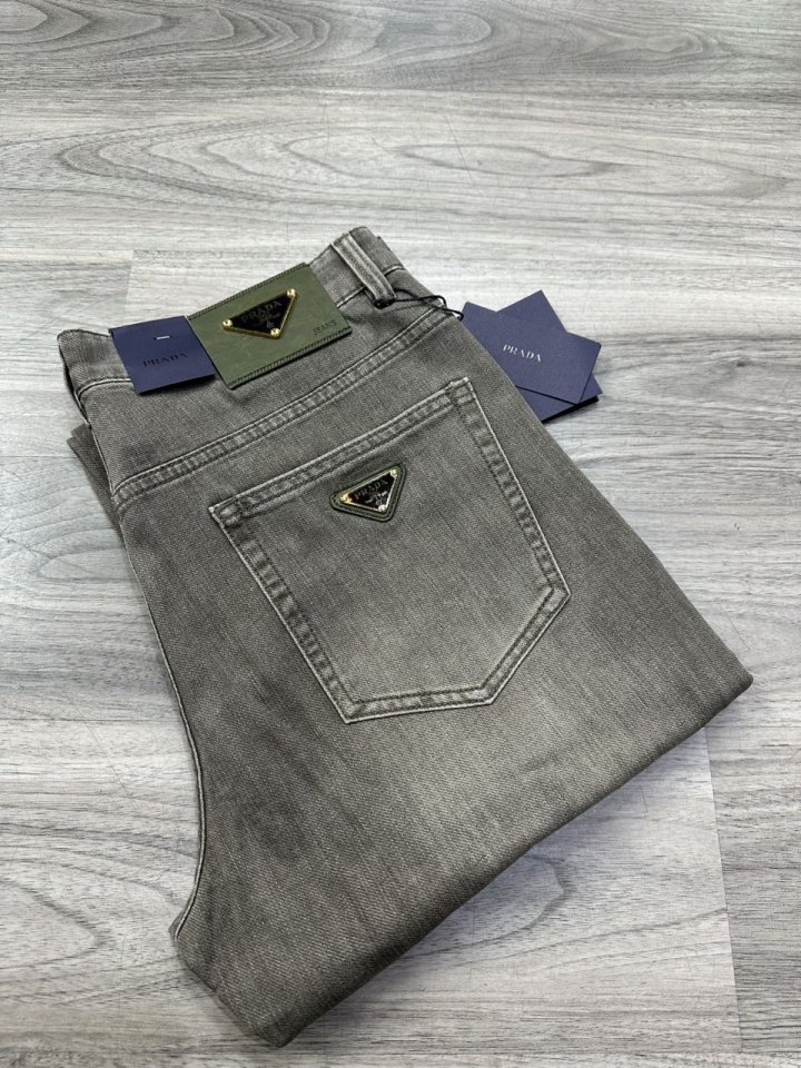 프라다  삼각로고 그린패치 스판 데님진