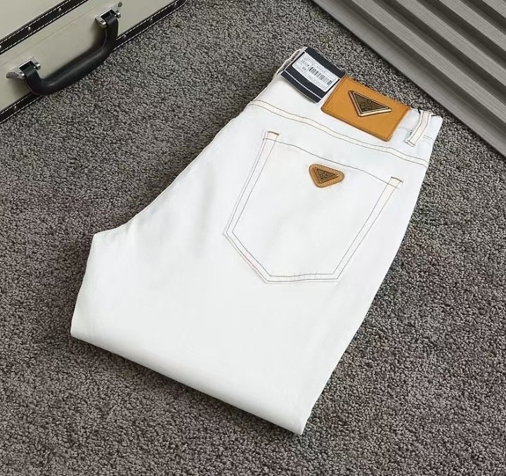 프라다  삼각로고 브라운스티치 스판 데님진