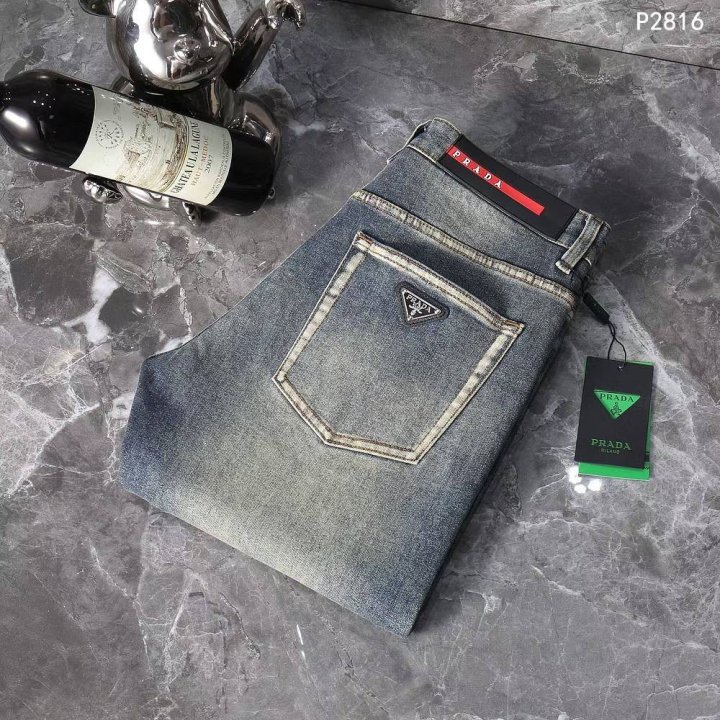 프라다  백포켓 포인트 파츠로고 스판 워싱 데님진  