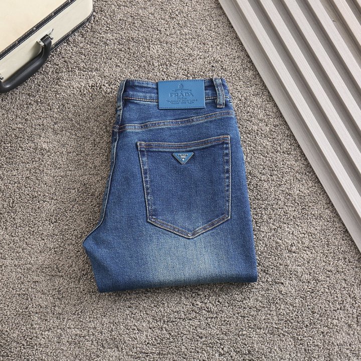 프라다   블루 삼각로고 스판 데님진 