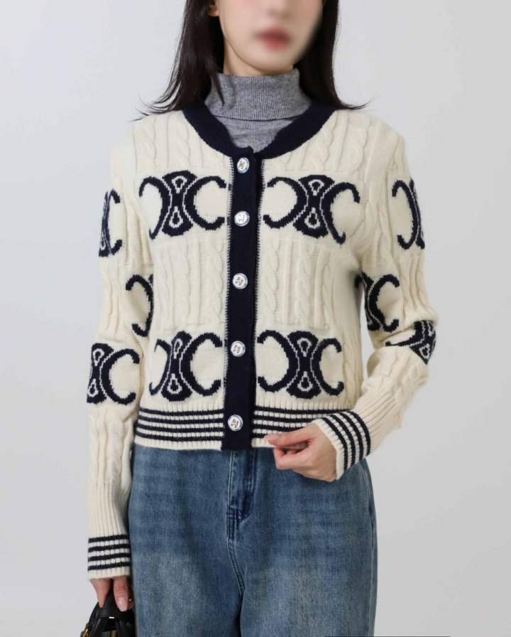 셀린느  리브드 울 크루넥 니트 가디건 