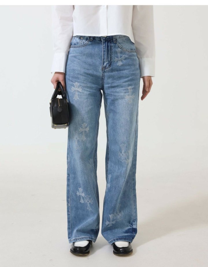 크롬하츠  여성 십자가 로고 프린팅 와이드 진 