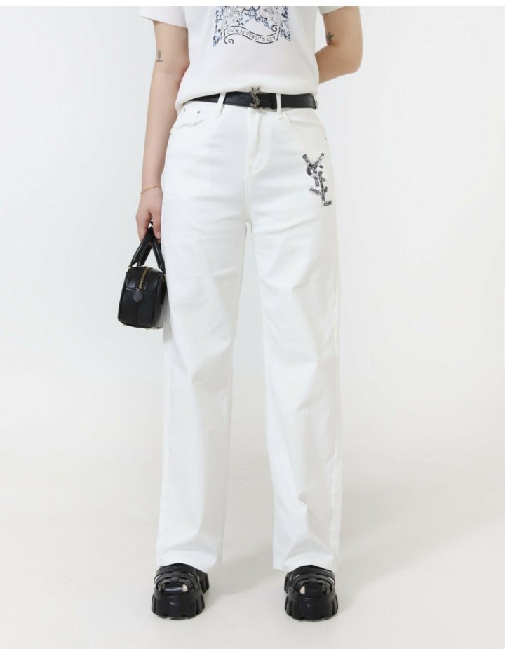 생로랑  로고 프린팅 세미 와이드 진 