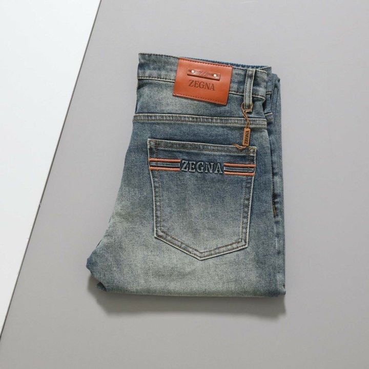 제냐  브라운 레더 패치 스판 데님 팬츠 