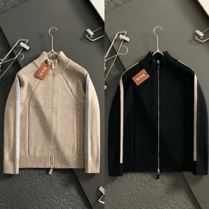 로로피아나   스티치 배색 양모 하이넥 집업 가디건