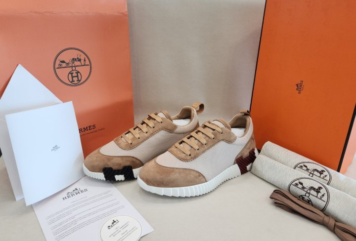 에르메스  바운싱 스니커즈 그래픽 메쉬 스웨이드 고트스킨 & 베쥬 아흐질