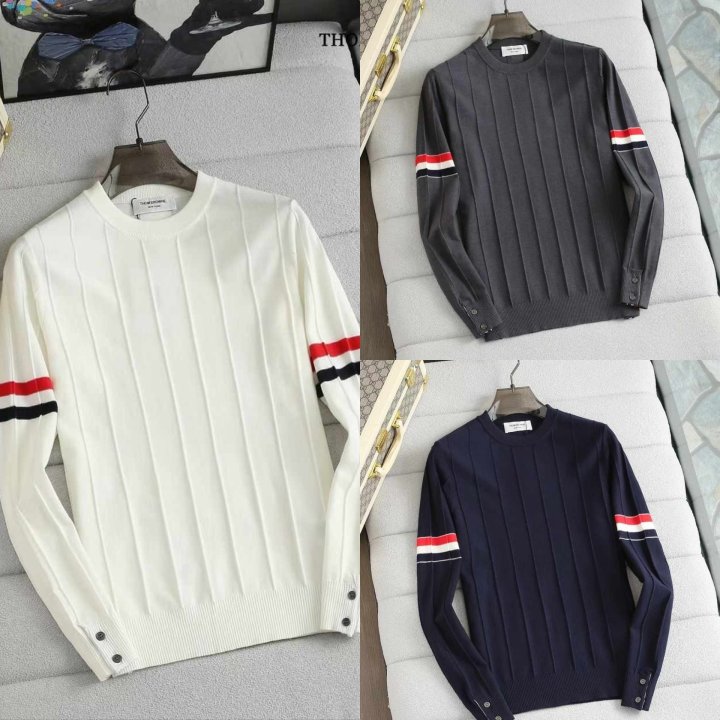 톰브라운  골지 스트라이프패턴 양모 라운드 니트