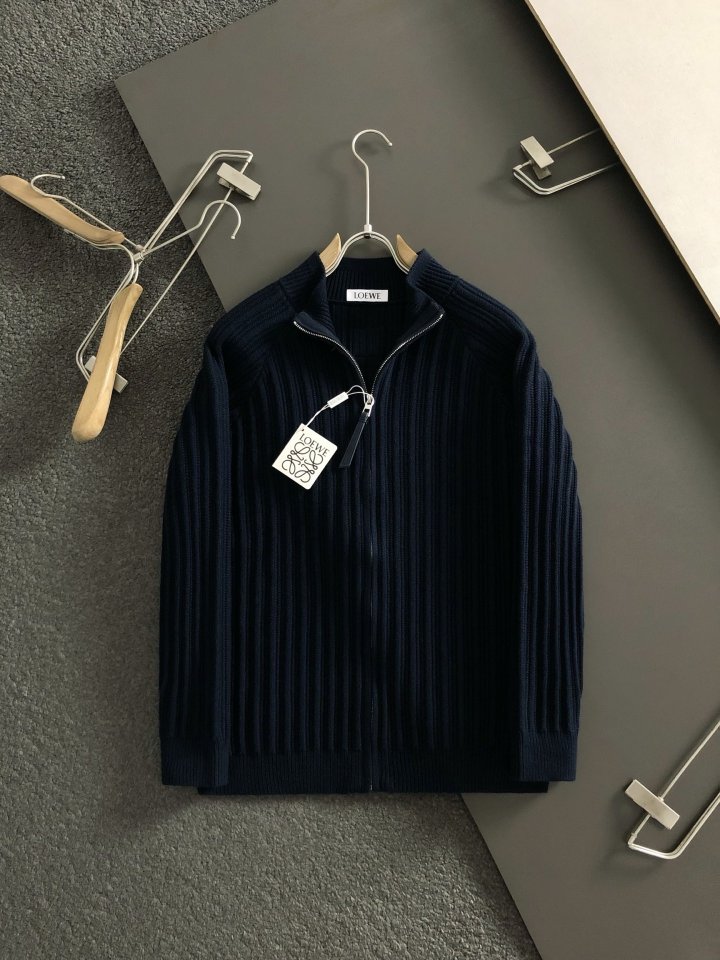 로에베  백레더로고 골지 하이넥 양모 집업가디건