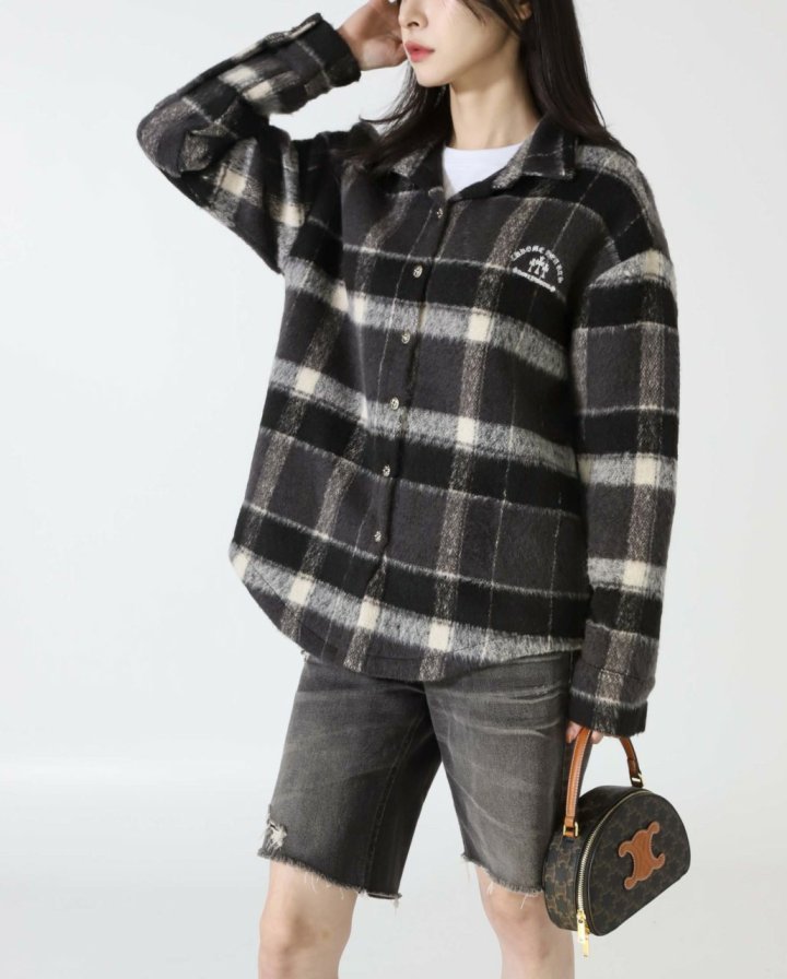 크롬하츠  체크 모헤어 울 오버사이즈 퀼팅 셔츠 자켓    