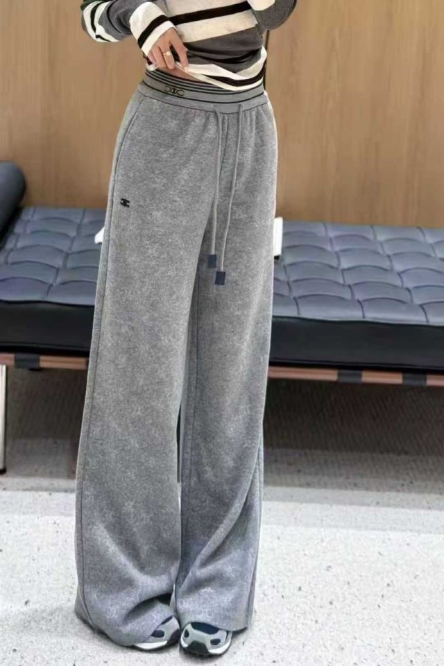 셀린느  여성 자수로고 벨로아 스판 밴딩 와이드팬츠